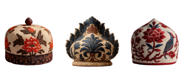 Traditional embroidered skullcaps isolated on transparent background