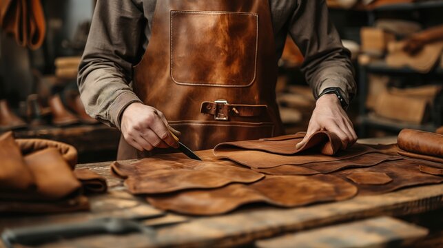 A man is cutting leather on a table