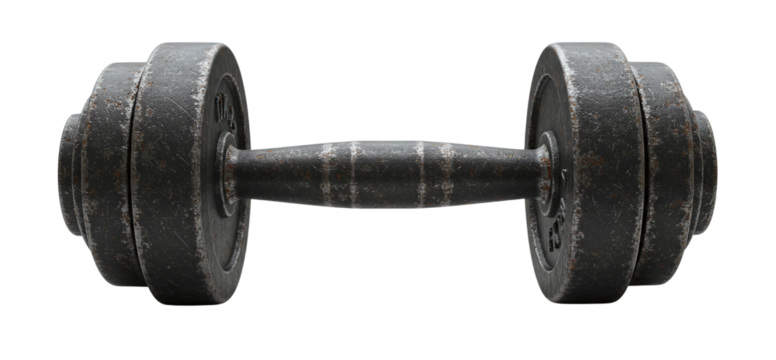 heavy vintage cast iron dumbbell isolated on transparent cutout background, cut out, png