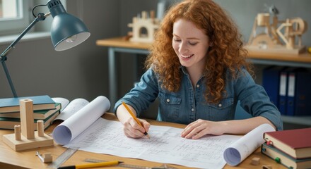 Creative design workshop young woman drawing plans in cozy home office inspirational setting view