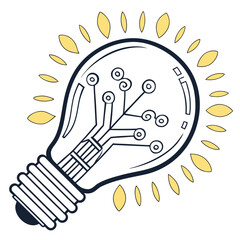 Stylized light bulb with internal circuit board design and radiating yellow light rays