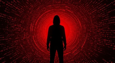 Anonymous Hacker Silhouette In A Red Binary Data Tunnel Background