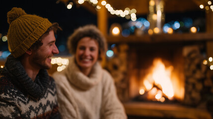 Obraz premium Soft-focus friends laughing by fireplace, warm candlelight and string lights on wooden table, cozy winter night captured, blurred background emphasizing atmosphere