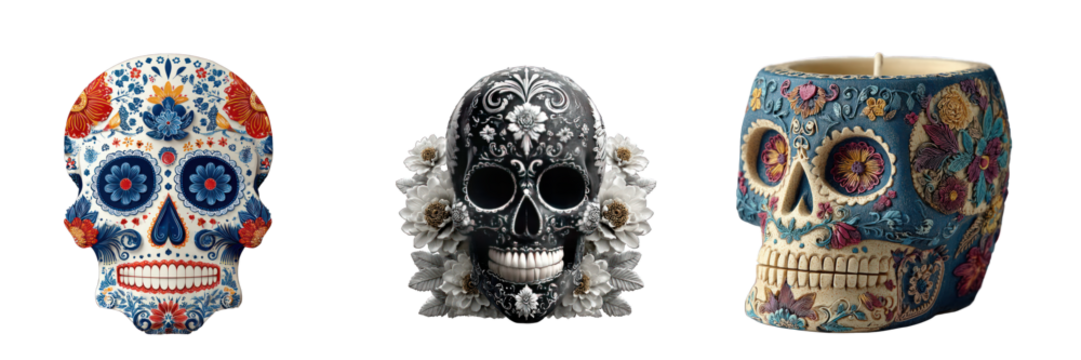 Decorated sugar skulls for Day of the Dead isolated on transparent background