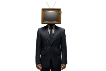 Photo of man with vintage television for a head isolated on transparent background