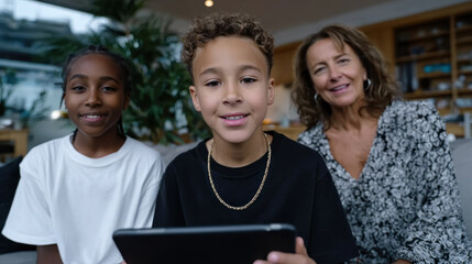 Two happy kids pose with their grandmother, capturing a moment of familial love and connection, showcasing the joy and support shared in family interactions at home.