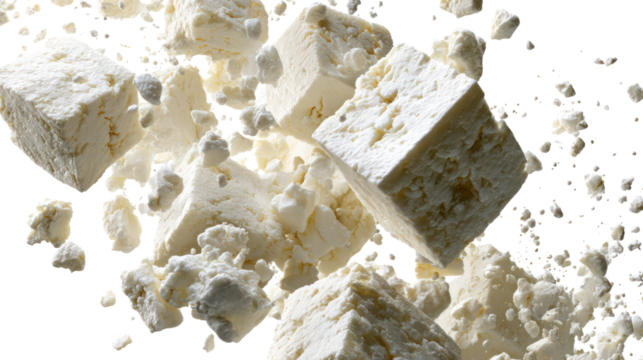 Crumbling white cubes suspended in mid air against a black background