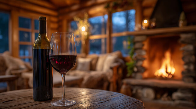 Bottle and glass of red wine, rustic cabin interior, fireplace softly glowing, wooden table with warm reflections, serene winter relaxation atmosphere