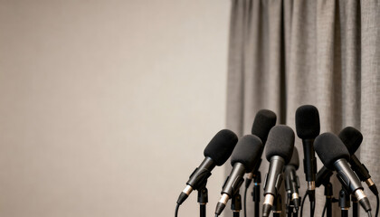 Multiple professional microphones with plain windscreens in front of neutral backdrop, symbolizing press briefing, journalism, political debate, media communication and official announcements.