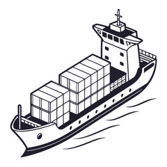 Stylized black and white illustration of a large cargo ship carrying containers across the ocean waves © bilkish