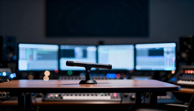 Single unbranded microphone on wooden desk with blurred monitor screens in background, symbolizing podcast recording, broadcasting, digital media production, communication and creative storytelling.
