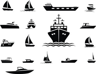 Silhouettes of Boats, Ships, Yachts, Ferries, Sailboats, Maritime Vessels, Ocean Transport, Watercraft Icons, Sea Navigation, Front View, Grid Design
