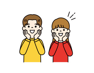 目を輝かせて期待する、若い男性と女性の上半身ベクターイラスト素材＿カラー