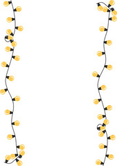 Vertical border with glowing yellow Christmas lights, holiday festive decoration on white.