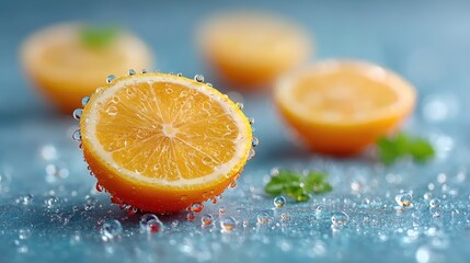 Macro Photograph of Lemon Slices with Water Droplets on Blue Surface with Shallow Depth of Field