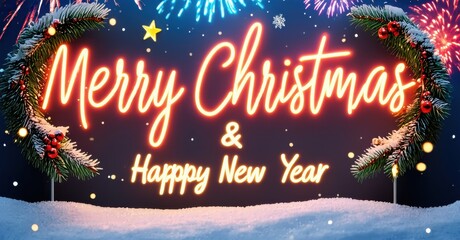 Festive greeting displays bright neon text. Snow covers ground, fireworks illuminate sky. Holiday season celebration imagery.