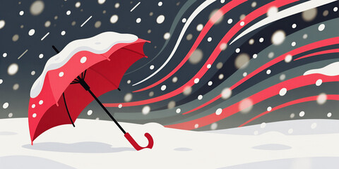 Ombrello rosso aperto ricoperto di neve su sfondo astratto che ricorda una tormenta di neve