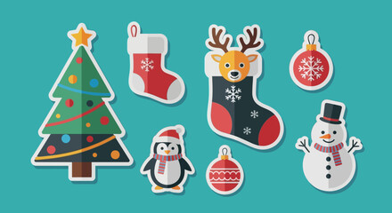 Fototapeta premium Festive Christmas icons: Christmas tree, snowman, reindeer, penguin, and Christmas balls