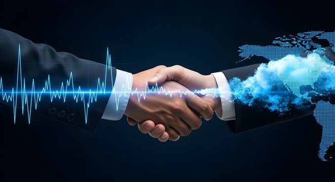 Business handshake with digital world map and data visualization