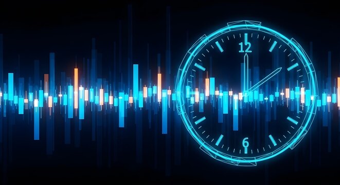 A digital illustration features a clock overlaid on a stock market graph, symbolizing time's impact on finance and trading.
