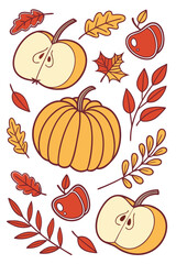 Colorful vector collection of cute autumn-themed stickers featuring pumpkin, apples, and leaves