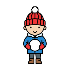 Cartoon illustration of a child holding a large snowball, ready for winter fun activities