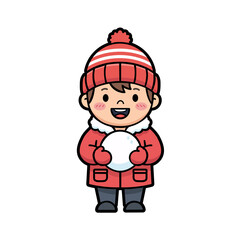 Illustration of a happy child in winter clothing holding a snowball ready to play outside
