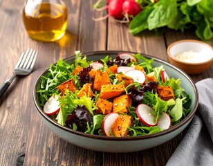 Roasted sweet potato salad on a wooden table