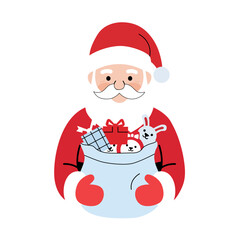 Cheerful Santa Claus character with a bag full of presents and toys. Isolated flat vector graphic for a festive holiday design