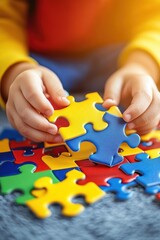 A toddler's small hands carefully place a puzzle piece, demonstrating early childhood development and problem-solving skills