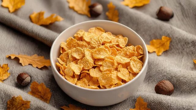 Bowl of Crispy Corn Flakes Surrounded by Autumn Leaves and Nuts on a Soft Fabric Background 4k video footage