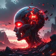 Robotic head, fiery landscape