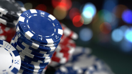 Illustrated poker chip cascade over dark abstract background, luminous highlights, soft shadows beneath chips, sense of luxurious casino energy