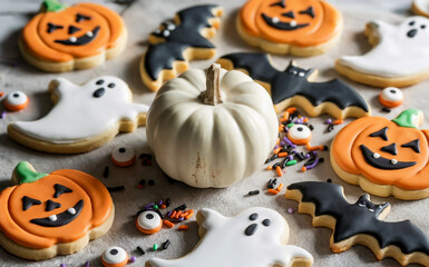 Halloween Cookie Display with Jack-o'-Lanterns, Ghosts, Bats, Monster Eyes, and White Pumpkin, Festive Treats with Colorful Sprinkles and Candy Accents for Seasonal Party Decor