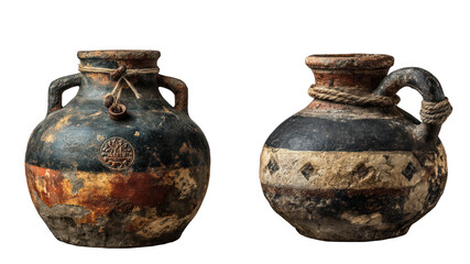 Ancient ceramic jugs with rope ties isolated on transparent background