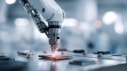 A precision robotic arm meticulously assembling an electronic microchip on a manufacturing line