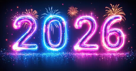 Bright neon numbers display year 2026. Fireworks burst above sparkling glitter, creating festive mood. Dark background enhances glow.