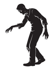 Full body silhouette of a zombie walking with outstretched arms and tattered clothes, depicted in a horror style.