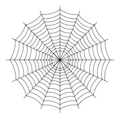 Obraz premium A symmetrical black and white line drawing of a classic circular spiderweb against a plain white background.
