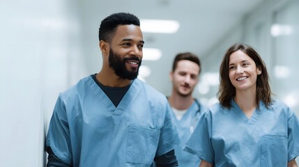 Obraz premium A diverse medical team walks confidently down a brightly lit hospital corridor sharing smiles