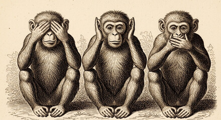 Three Wise Monkeys Vintage Engraving – See No Evil, Hear No Evil, Speak No Evil