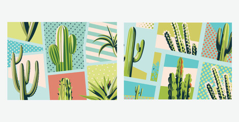 Vibrant collage cactus and desert floral with bright colors and playful patterns vector art design