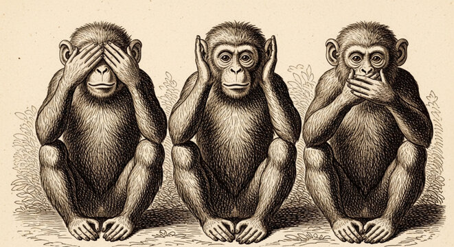 Three Wise Monkeys Vintage Engraving &ndash; See No Evil, Hear No Evil, Speak No Evil