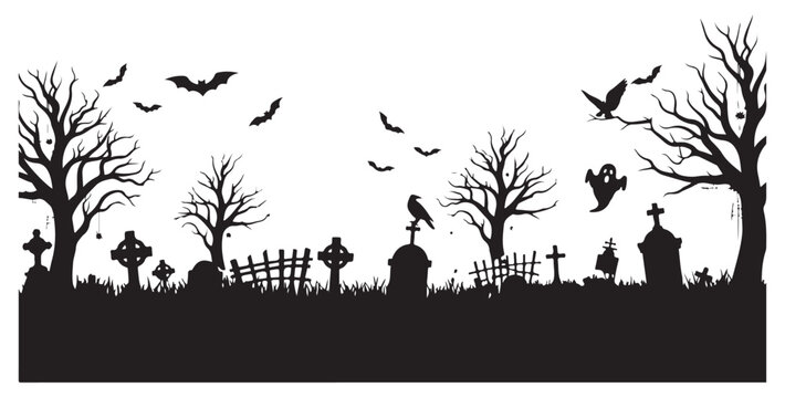 Spooky Halloween graveyard silhouette with bare trees, tombstones, flying bats, and a ghost.