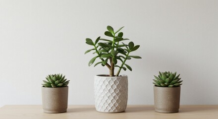 Obraz premium Three Pots Jade Succulents On Wooden Table Against White Wall.