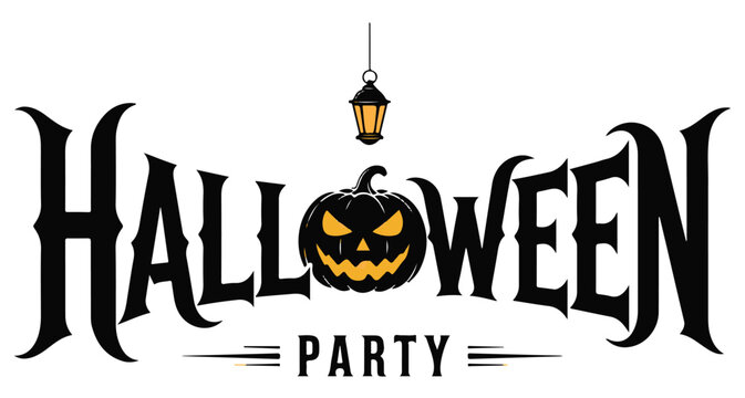 Halloween Party text with a carved pumpkin and a lantern illustration.