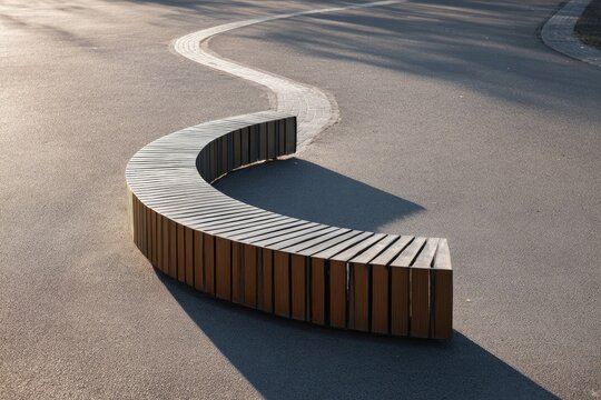 Curved park bench on asphalt path