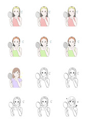 肌に悩む鏡を見る女性イラストセット