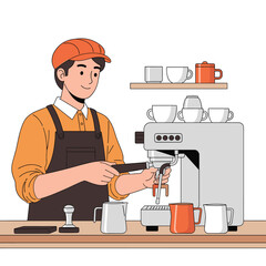 Barista preparing coffee with espresso machine, featuring coffee cups and milk jugs in a cartoon style illustration