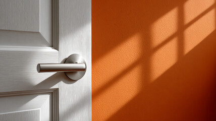 White door with metal handle against an orange wall with shadows.